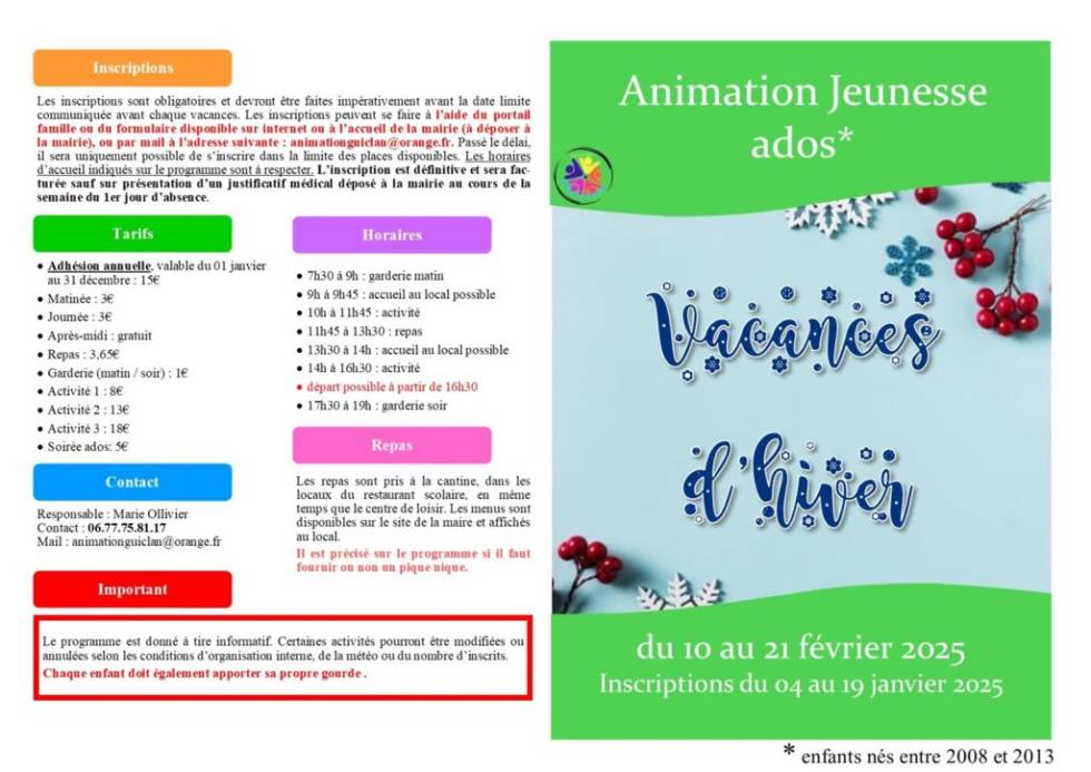 Programme Ados Vacances Hiver Commune De Guiclan